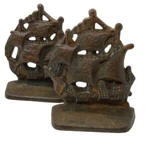 Vintage Cast Iron Bookends Art Deco Antique Boat Ship Spanish